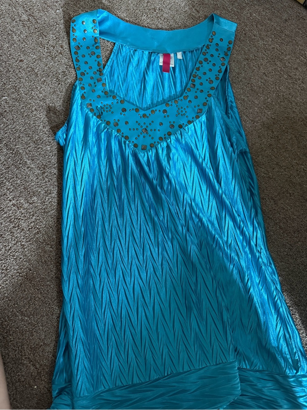 Turquoise Sleeveless Embellished Neckline Tank